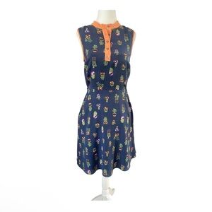 ModCloth (Sz S) Women’s Sleeveless Dress Navy Orange Trim Succulent Pront